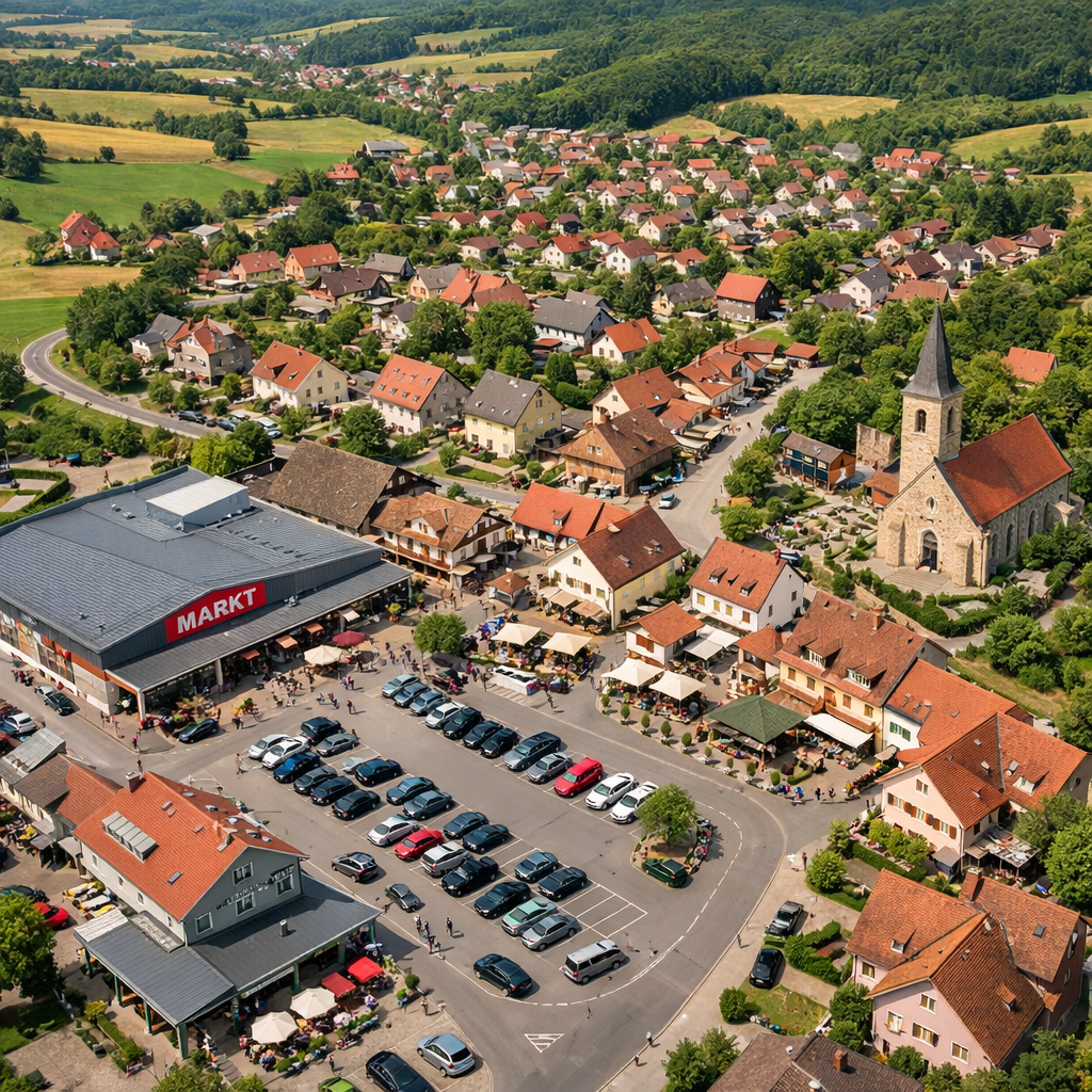 Aerial View of Rural European Town with Shopping Area and Residential Buildings