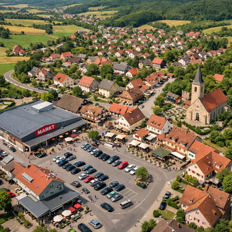 Aerial View of Rural European Town with Shopping Area and Residential Buildings