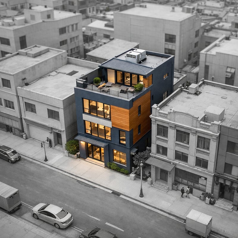 Office Building Row in Monochrome with Colorful Structure